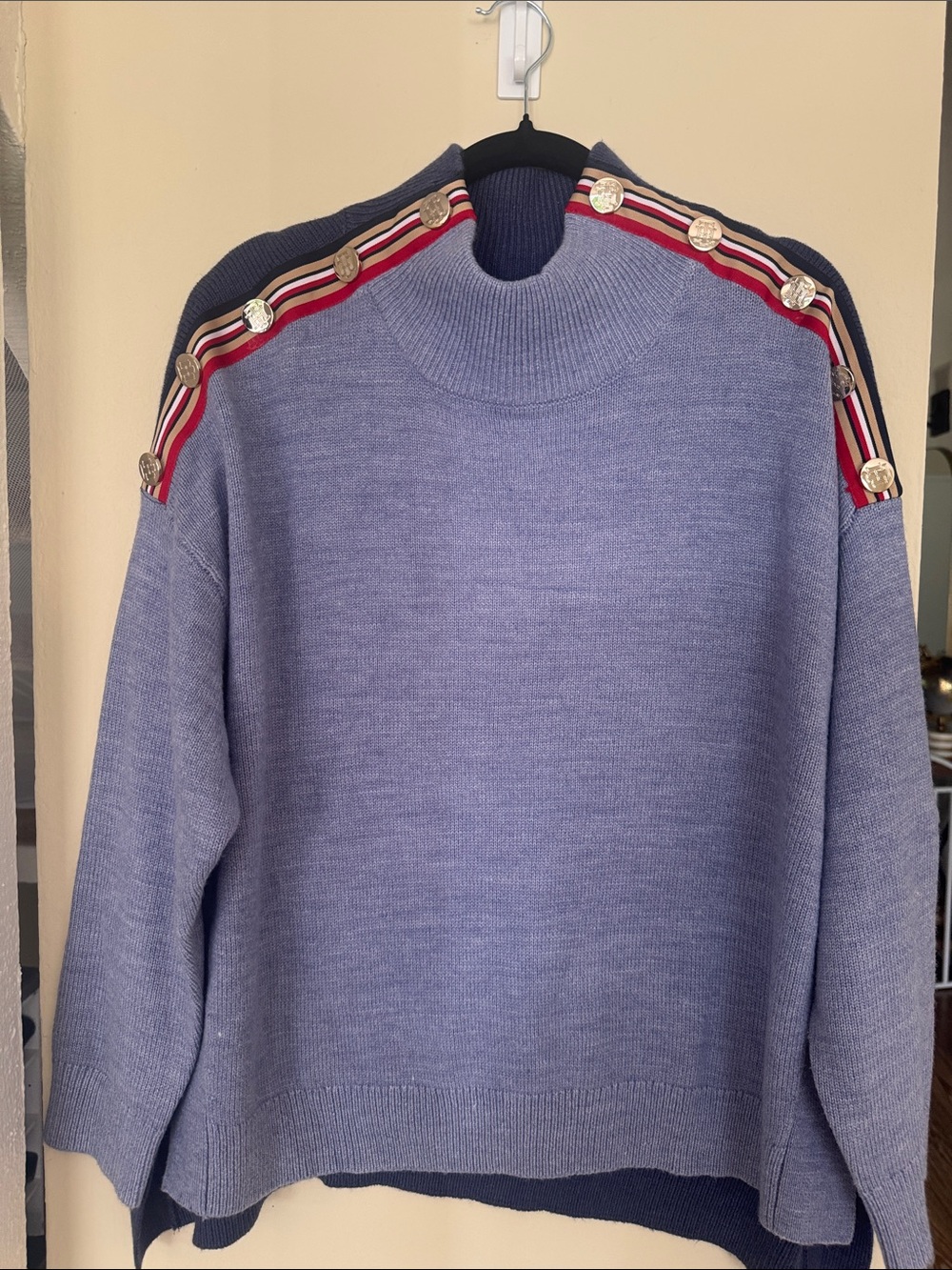 Tommy Hilfiger Slate Blue Turtleneck Sweater with Red-Trim Shoulder Detail